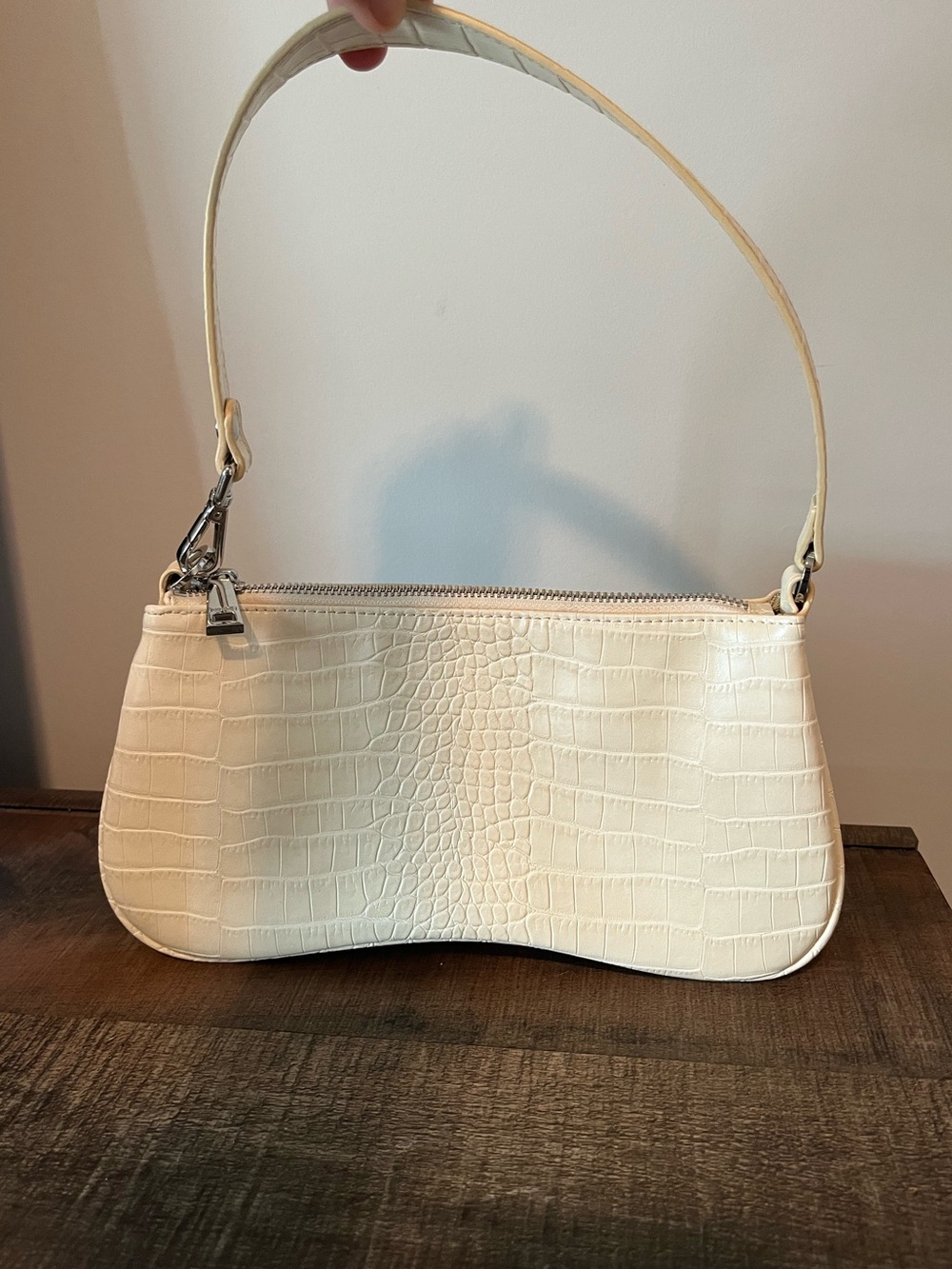 JW Pei Eva Shoulder Handbag Ivory Croc Embossed Silver Hardware Vegan Small Bag